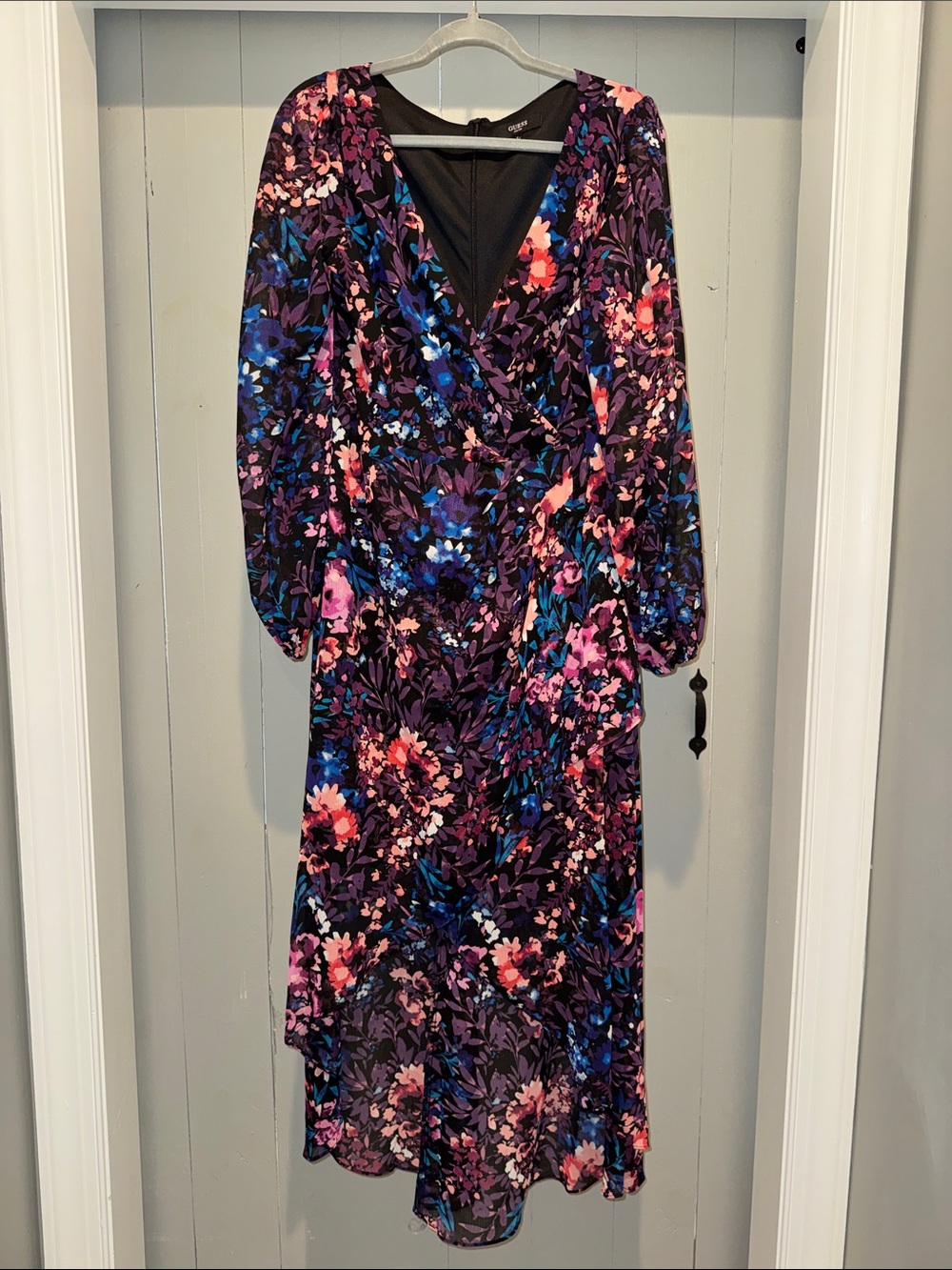 Guess Floral-Print Long Sleeve Midi Dress in Purple, Pink and Blue